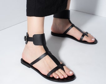 Black leather women sandals from Greece, gladiator sandals, black ankle cuff sandals, minimalist sandals, black shoes for women - ELIZABETH