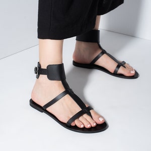 Black leather women sandals from Greece, gladiator sandals, black ankle cuff sandals, minimalist sandals, black shoes for women - ELIZABETH