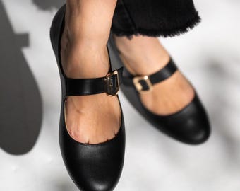 Handmade Black Leather Mary Jane Flats – Retro Bar Shoes