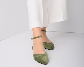 Chaussures de mariée vertes, chaussures de mariée à talons bas, robe de mariée vert sauge, chaussures de mariée plates, chaussures de demoiselles d'honneur, chaussures pour la mariée -VELVETINA