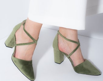 Chaussures de mariage en velours vert sauge, talons en velours, chaussures de mariée, talons de mariage verts, chaussure de mariée en velours à talons blocs, talons hauts - VELETTA