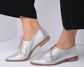 Silver Oxford Woman Shoes, Silver Leather Shoes, Leather Shoes, Oxford flat Shoes, Flat Shoes, Silver Leather Shoes, Ties shoes - Seraphina