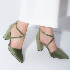 Sage Green velvet wedding shoes, Velvet Heels, Bridal shoes, Green Wedding Heels, Velvet block heel bridal shoe, Block Tall Heels - VELETTA