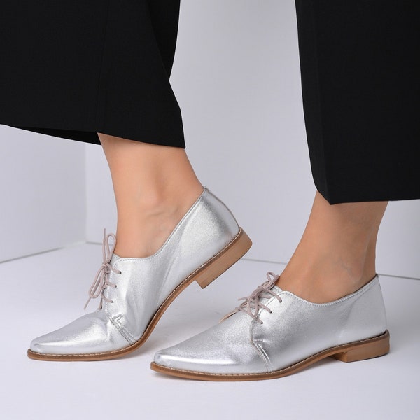 Silver Oxford Woman Shoes, Silver Leather Shoes, Leather Shoes, Oxford flat Shoes, Flat Shoes, Silver Leather Shoes, Ties shoes - Seraphina
