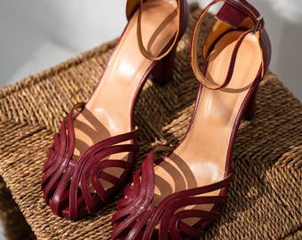Burgundy Mary Jane Heels – Leather Block Heels, Vintage Style Women’s Shoes