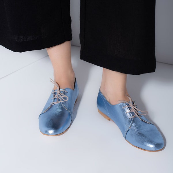 Oxford Woman Shoes blue, Shiny Leather Shoes, Leather Shoes, Oxford flat Shoes, Flat Shoes, Leather Shoes, Ties shoes - Adalina