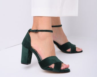 Green Wedding shoes for bride, Velvet heels, Wedding heels, Green heels, Wedding shoes block heel, Bridal Shoes - VELENIA