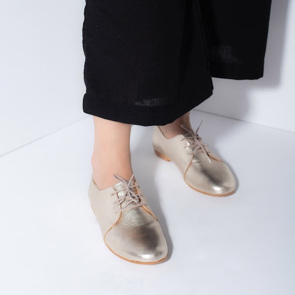 Gold Oxford Woman Shoes, Gold Shiny Leather Shoes, Leather Shoes, Oxford flat Shoes, Flat Shoes, Leather Shoes, Ties shoes - Adalina