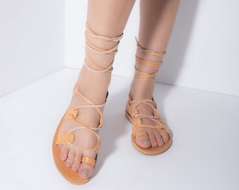 Leather sandals, Natural color Greek gladiator sandals, Toe ring sandals, lace up sandals, women sandals, women shoes - EMMA