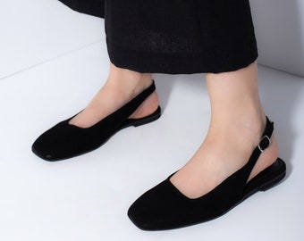 Womens shoes, Closed Toe Slingback Flats, Square Toe Flats, Women black flats, Womens Gift, Black Flat Shoes, Gift for her - Hailey