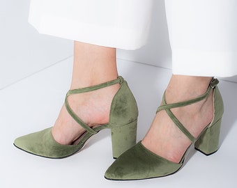 Sage Green velvet wedding shoes, Velvet Heels, Bridal shoes, Green Wedding Heels, Velvet block heel bridal shoe, Block Tall Heels - VELETTA