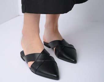 Black leather mules, leather mules, Black mules, women's mules, leather slides, leather suede slippers - LILIAN