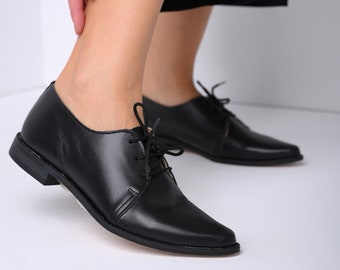 Black Oxford Woman Shoes, Black Leather Shoes, Leather Shoes, Oxford flat Shoes, Flat Shoes, Black Leather Shoes, Ties shoes - Seraphina