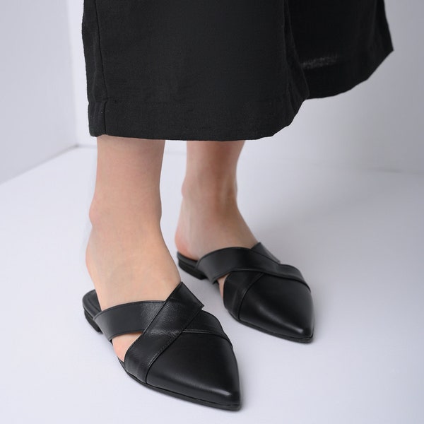 Black leather mules, leather mules, Black mules, women's mules, leather slides, leather suede slippers - LILIAN