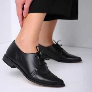 Black Oxford Woman Shoes, Black Leather Shoes, Leather Shoes, Oxford flat Shoes, Flat Shoes, Black Leather Shoes, Ties shoes - Seraphina