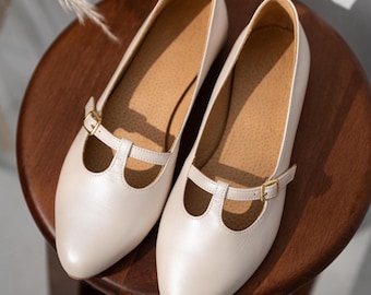 Ivory Wedding Mary Jane Flats – Vintage Leather Office Shoes