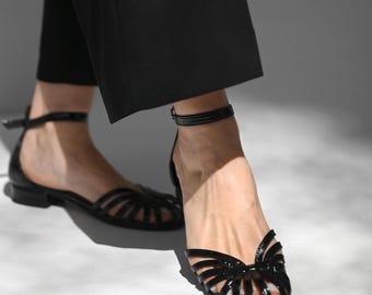 Black Leather Mary Jane Flats – Handmade Vintage Ballet Shoes for Women