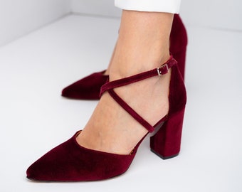 Burgundy velvet wedding shoes, Velvet Heels, Bridal shoes, Red Wedding Heels, Velvet block heel bridal shoe, Block Tall Heels - VELETTA