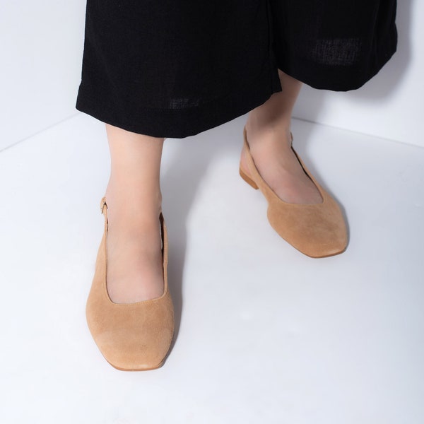 Beige flache Schuhe, Frauen quadratische Zehe Wohnungen, geschlossene Zehe Slingback Wohnungen, Geschenk für Frauen, Beige Slingback Wohnungen, Geschenk für sie - Hailey