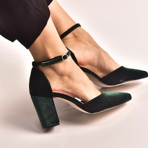 Green Wedding shoes, Wedding heels, Bridal shoes for bride, Velvet Block Heels, High heel Bride shoes, Wedding Pumps - VELVETO