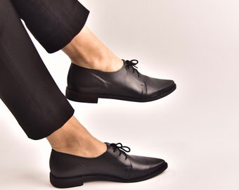 SALE Black Oxford Woman Shoes, Black Leather Shoes, Leather Shoes, Oxford flat Shoes, Flat Black Leather Shoes, Ties shoes - Seraphina