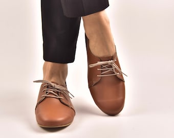 Brown Oxford Woman Shoes, Brown Leather Shoes, Leather Shoes, Oxford flat Shoes, Flat Shoes, Brown Leather Shoes, Ties shoes - Adalina