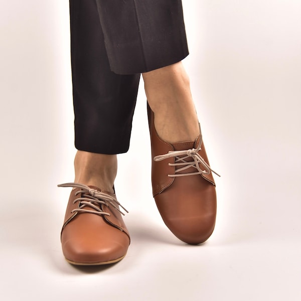 Brown Oxford Woman Shoes, Brown Leather Shoes, Leather Shoes, Oxford flat Shoes, Flat Shoes, Brown Leather Shoes, Ties shoes - Adalina