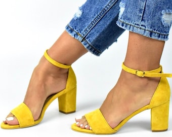 yellow suede block heel sandals