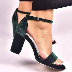 Green Velvet Wedding Shoes, Handmade Block Heel Sandals