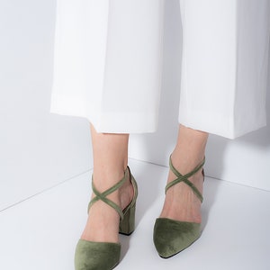velvet block heel pumps