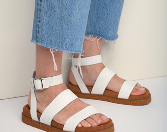 Handmade Greek Leather Sandals: White Ankle Strap Flats