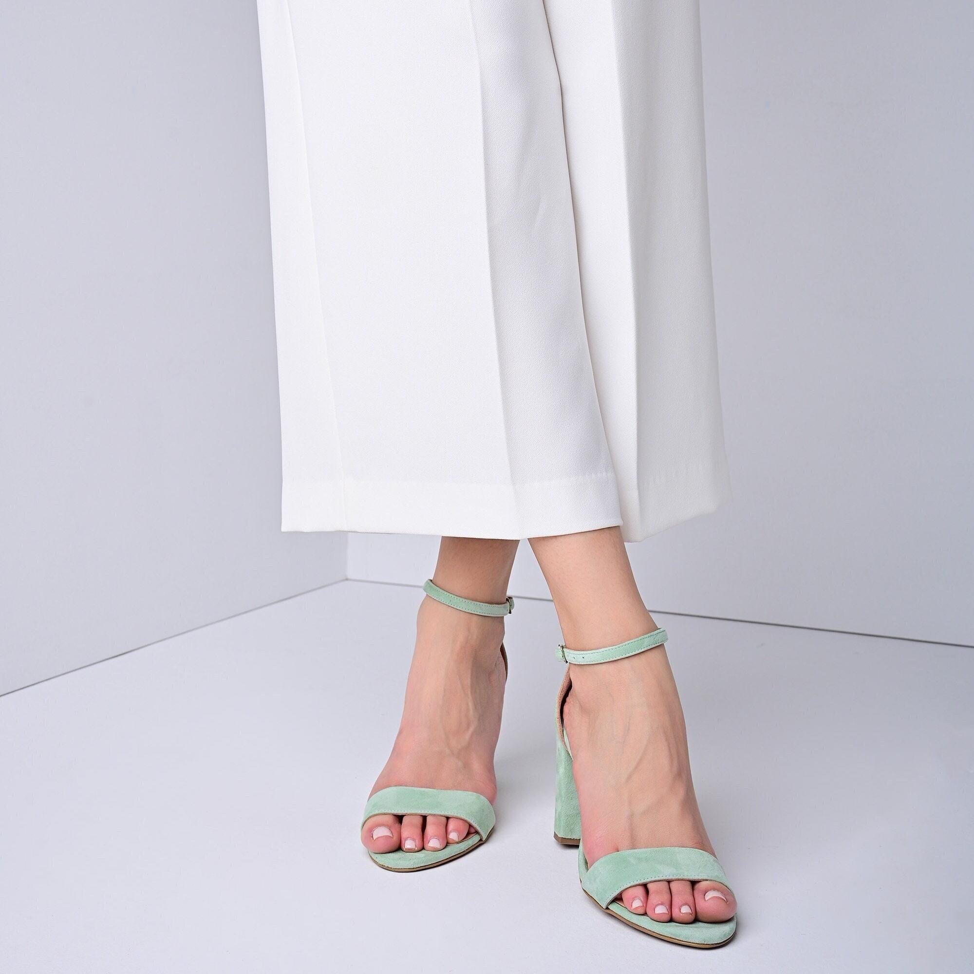 Mint Suede Wedding Sandals - Block Heel
