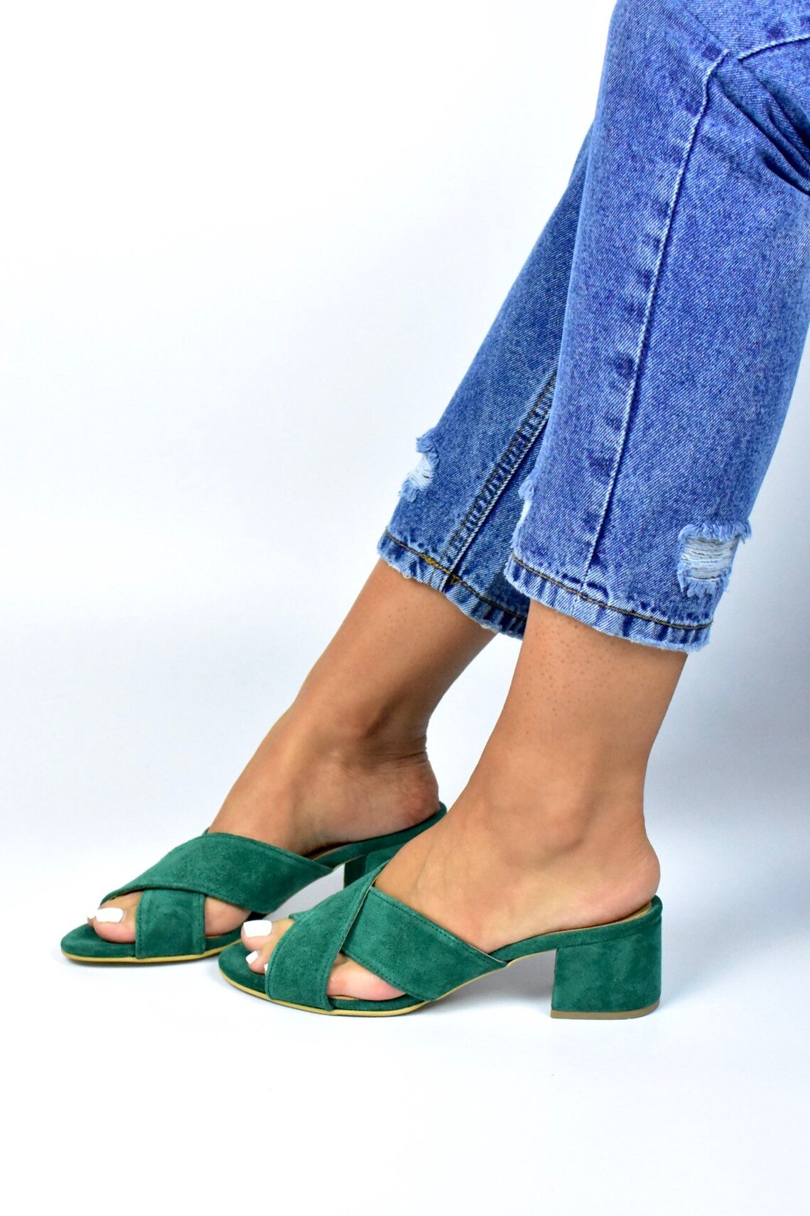 Green heel sandals block heel mules small heel mules peep Etsy