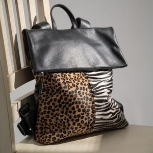 Large Leather Backpack: Full Grain, Leopard & Zebra Print, Handmade