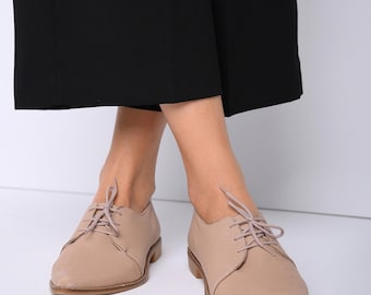 Beige Leather Oxford Shoes: Handmade Women's Flats