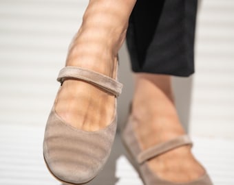 Handmade Beige Velvet Mary Jane Ballet Flats, Retro Style