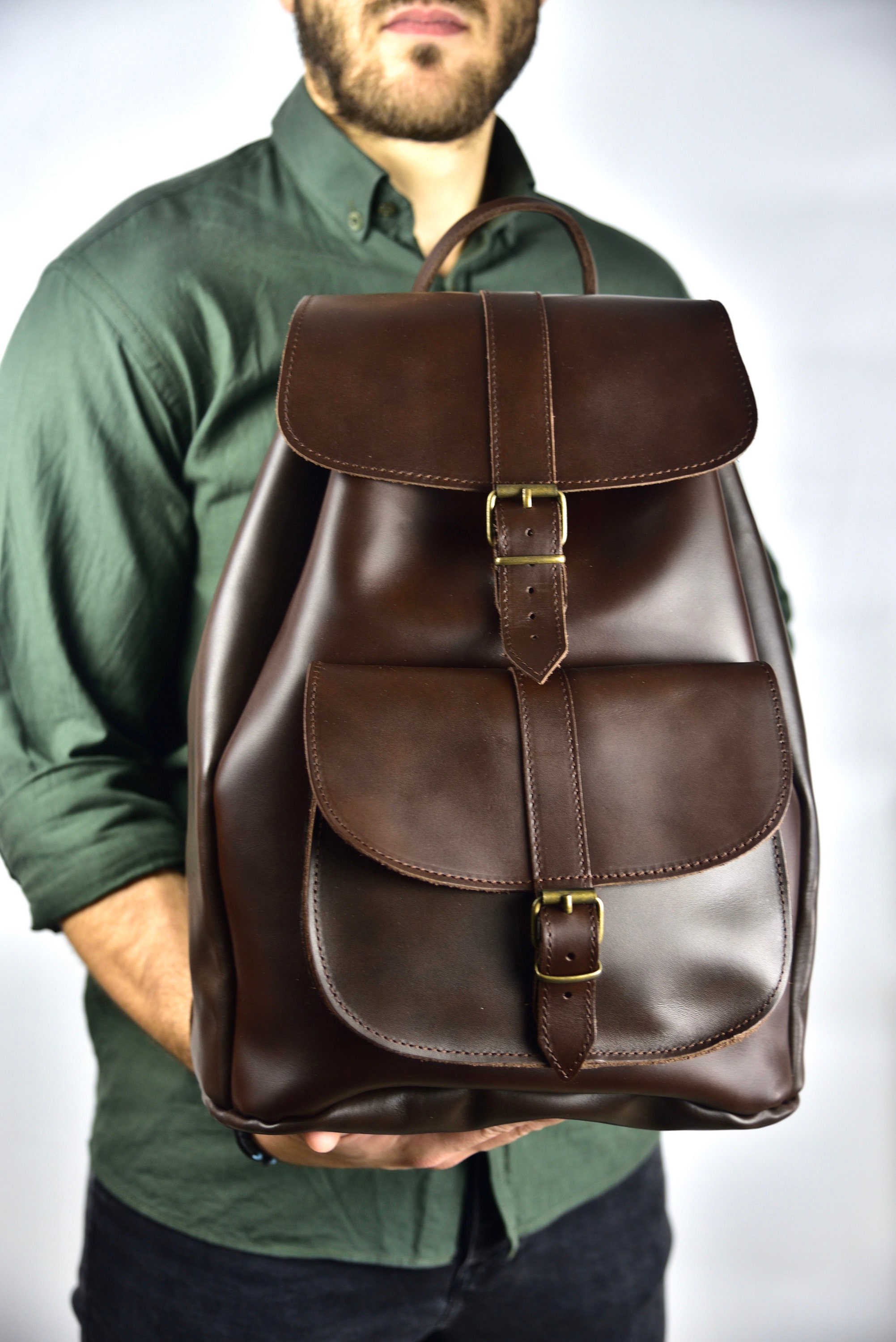 Men's Leather Backpack Large Backpack for Men Brown Etsy Canada
