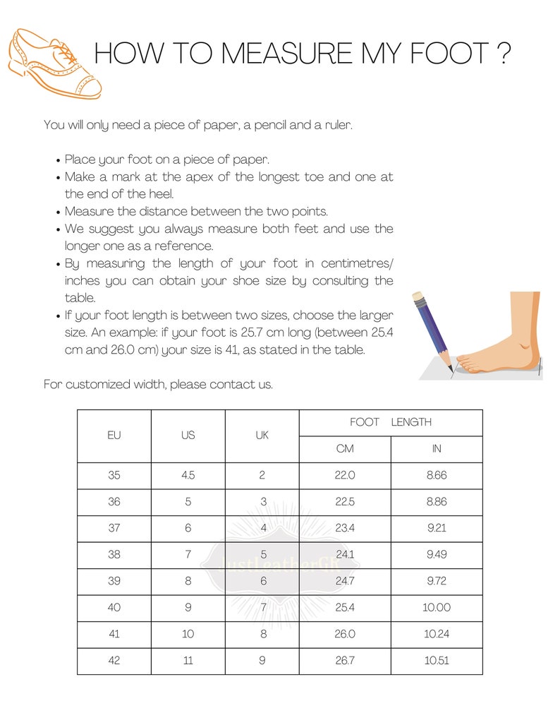 May include: A guide titled "HOW TO MEASURE MY FOOT?" with instructions and a size chart. The chart includes EU, US, and UK sizes, with corresponding foot lengths in centimeters and inches. A drawing of a shoe and a foot are included.
