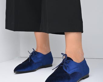 Blue Velvet Oxford Shoes: Handmade Leather Lined Flats