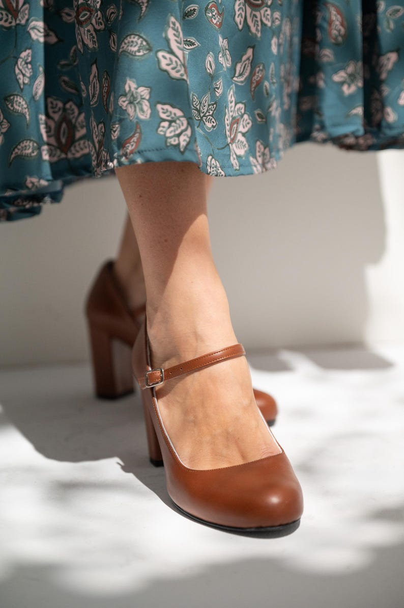 Maryjane Heels, Brown Genuine Leather Shoes, Retro High Heels Shoes