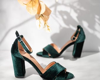 Emerald Green Heels, Velvet Block Heel Sandals – Bridesmaid & Dress Shoes
