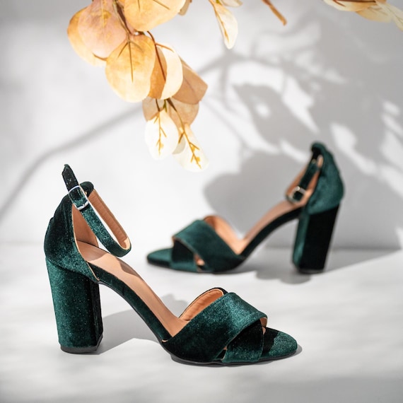 Emerald Green Heels, Velvet Block Heel Sandals