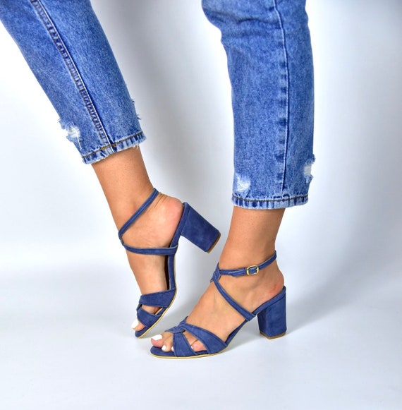 SALES 50% Steel Blue Leather Sandals Block Heel Sandals - Etsy Australia