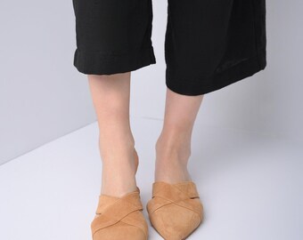 Handmade Beige Suede Leather Mules: Greek Leather Slides