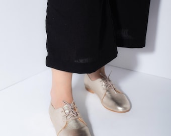 Gold Leather Oxford Shoes, Shiny Handmade Flats