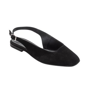 May include: Black suede slingback flats with a square toe and a buckle closure.