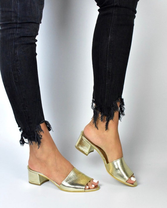 gold block heel mules