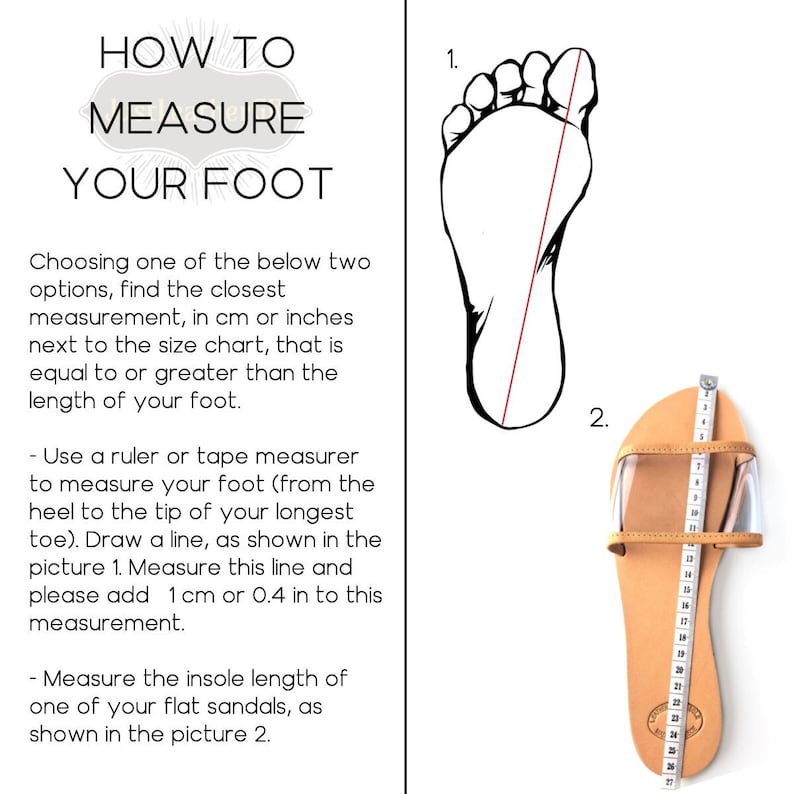May include: Diagram showing how to measure your foot for shoe sizing.  The first image shows how to measure your foot from heel to toe. The second image shows how to measure the insole length of a sandal.