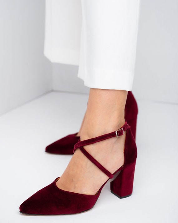Burgundy velvet block heels best sale