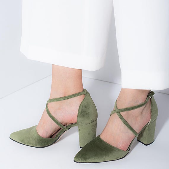 Green Wedding Shoes, Block Heel Velvet Bridal Shoes